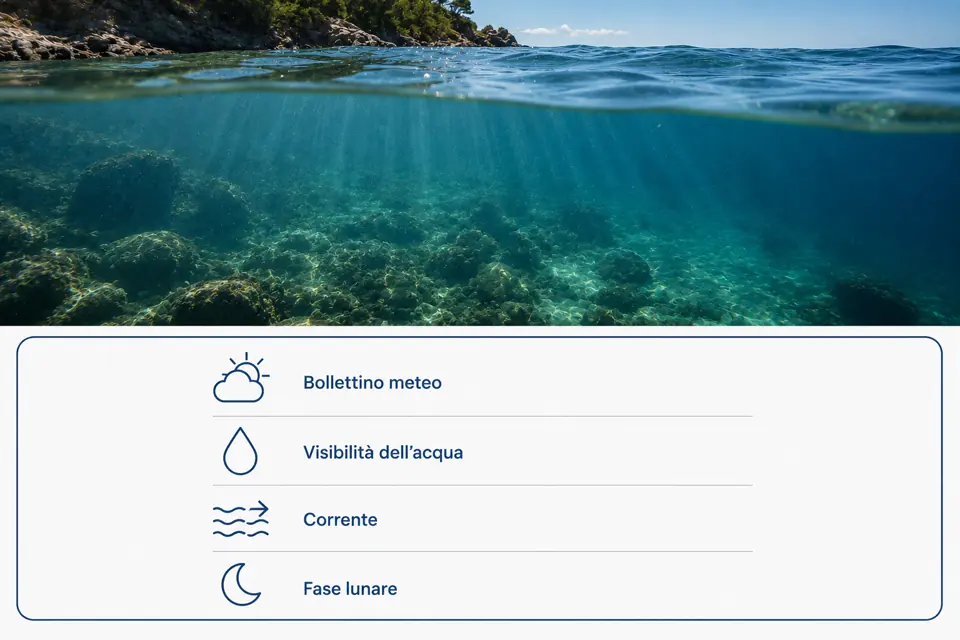 Coastal conditions graphic with Fishie forecast factors: weather, visibility, current, and moon