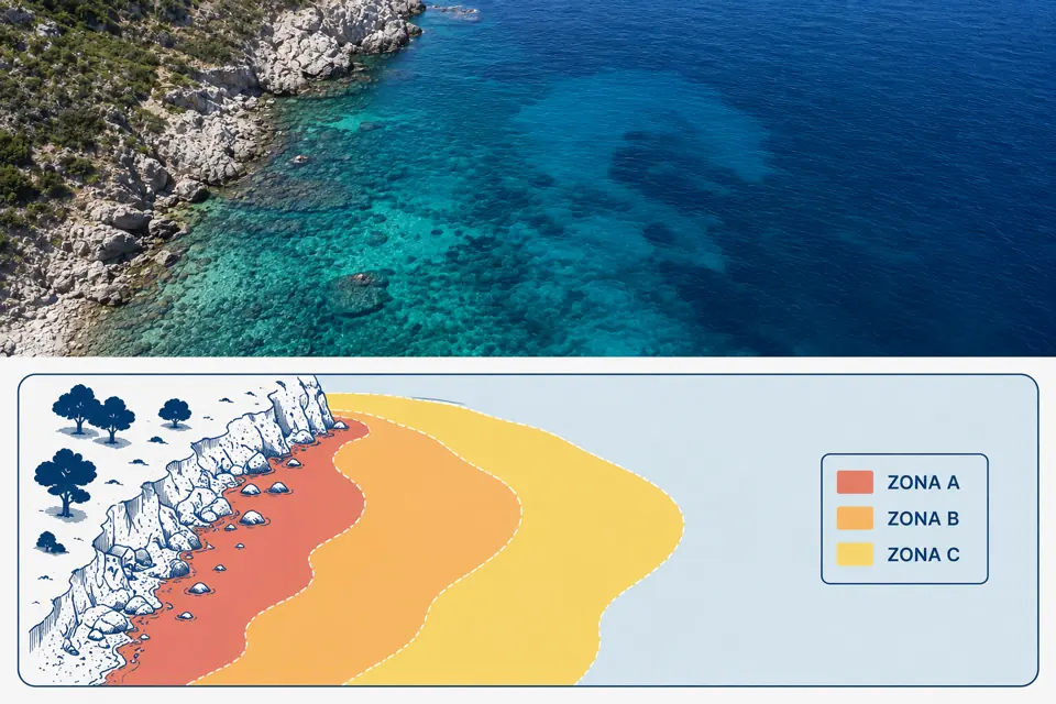 Aerial coastline with a diagram of marine protected area zones