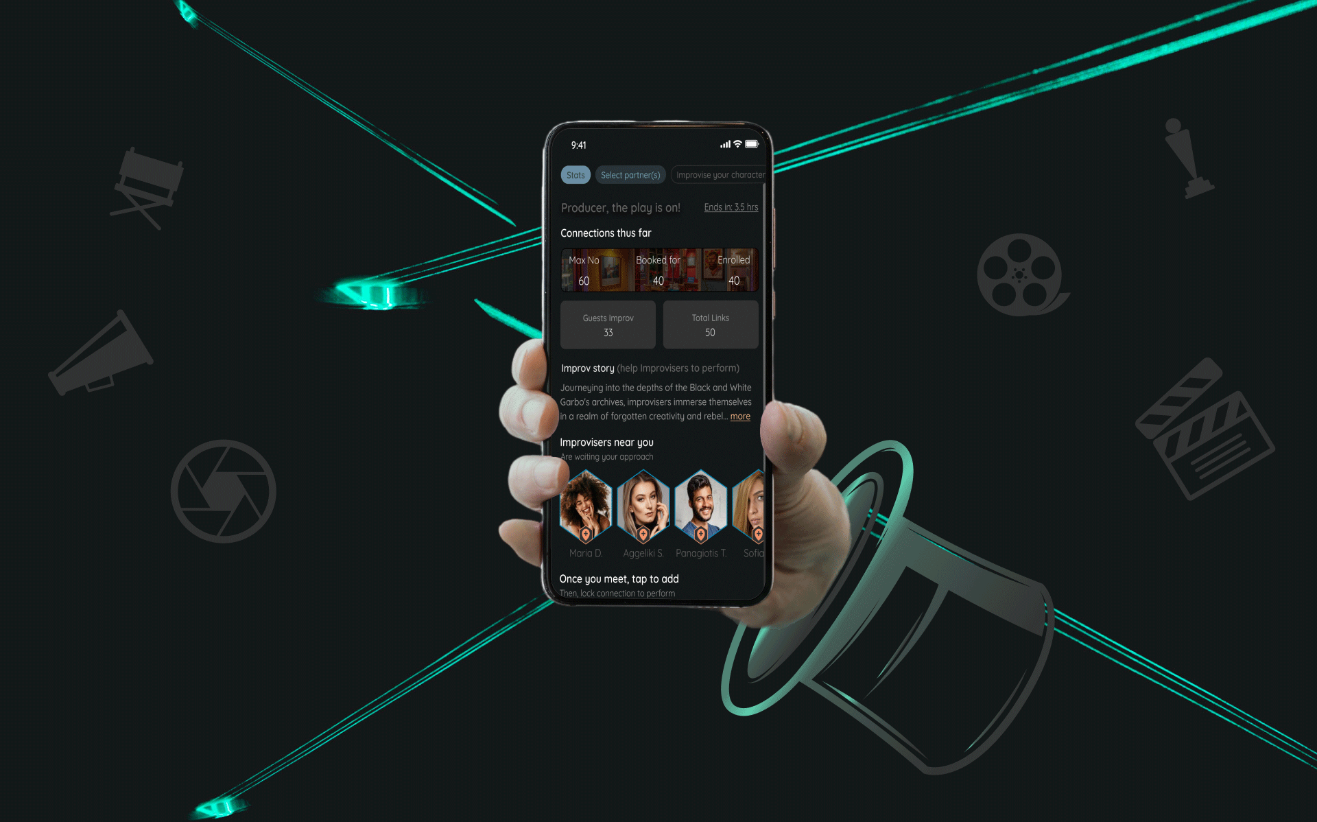 Hand holding a phone showing the PatchWorkly producer stats screen, rising from a magician's hat