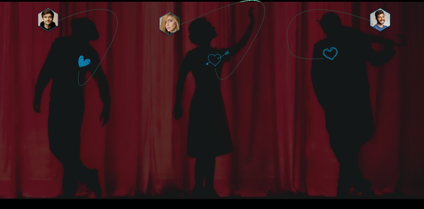 Stage silhouettes linked to hexagonal player portraits for a PatchWorkly session